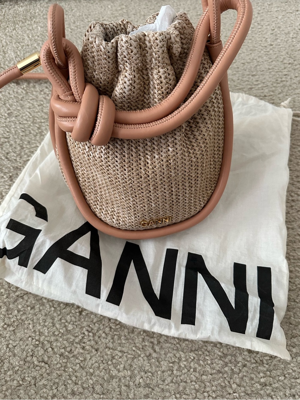 Ganni Beige Woven Mini Bucket Bag with Blush Trim